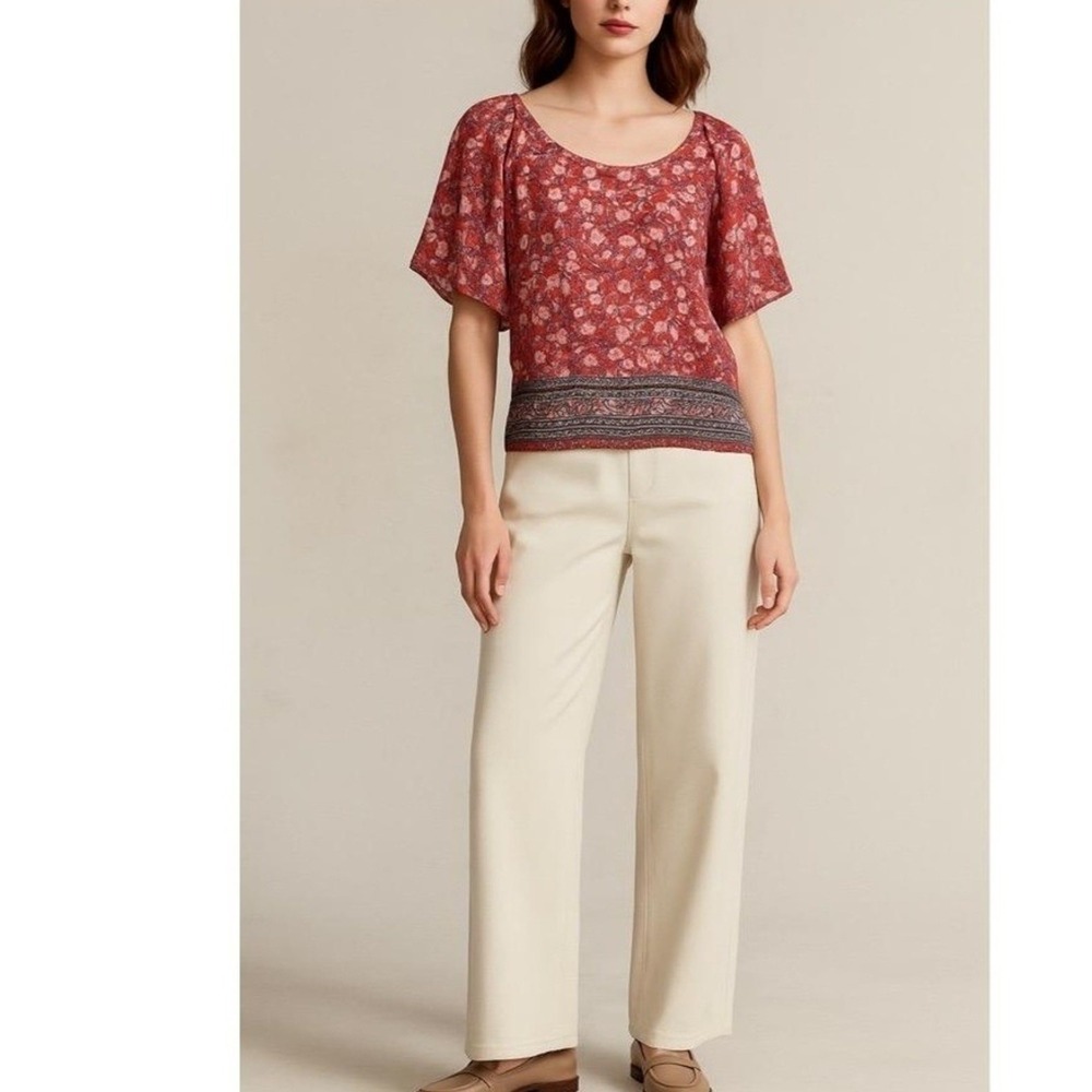 Lucky Brand Blouse Women's Medium Keyhole Back Scoop Neck Floral Red Sleeve